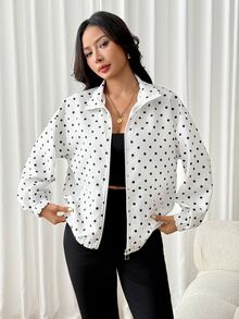 SHEIN PETITE 女款波點拉鍊休閒百搭日常旅行長袖夾克 - 黑與白 - 查看 7