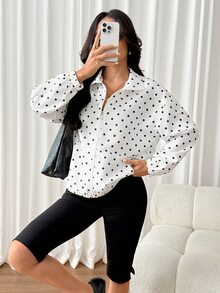 SHEIN PETITE 女款波點拉鍊休閒百搭日常旅行長袖夾克 - 黑與白 - 查看 3