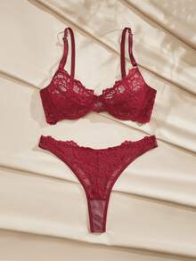 Charlaine Floral Lace Underwire Lingerie Set - Burgundy - View 5