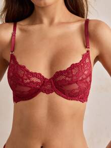 Charlaine Floral Lace Underwire Lingerie Set - Burgundy - View 2