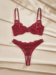 Charlaine Floral Lace Underwire Lingerie Set - Burgundy - View 6
