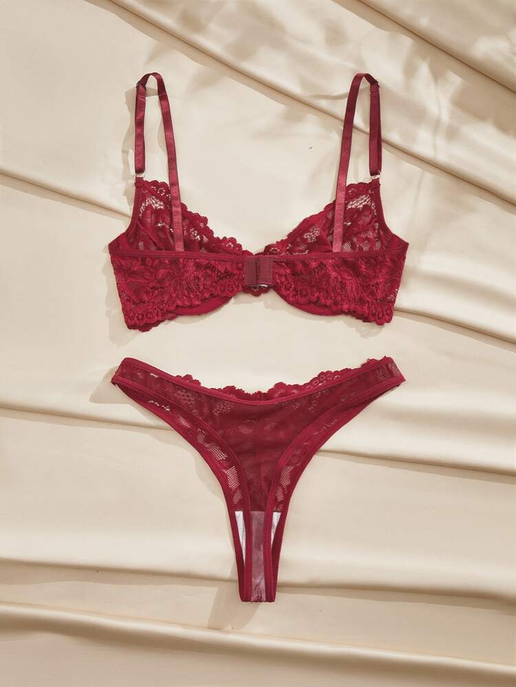 Charlaine Floral Lace Underwire Lingerie Set - Burgundy - View 6