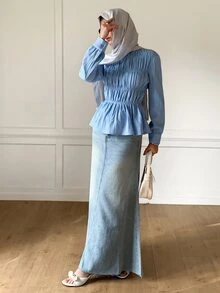 Solavon New Asymmetrical Hem A-Line Waist Flattering Crew Neck Long Sleeve Top, Versatile & Slimming - Baby Blue - View 6