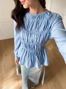 Solavon New Asymmetrical Hem A-Line Waist Flattering Crew Neck Long Sleeve Top, Versatile & Slimming - Baby Blue - View 4
