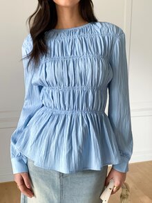 Solavon New Asymmetrical Hem A-Line Waist Flattering Crew Neck Long Sleeve Top, Versatile & Slimming - Baby Blue - View 5