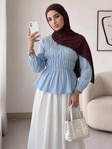 Solavon New Asymmetrical Hem A-Line Waist Flattering Crew Neck Long Sleeve Top, Versatile & Slimming - Baby Blue - View 2