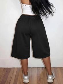 Slaydiva Plus Size Women's Baggy Sweat Shorts, Elastic Waist Drawstring Wide Leg Capri Pants, - Black - View 6