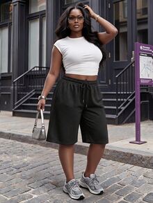 Slaydiva Plus Size Women's Baggy Sweat Shorts, Elastic Waist Drawstring Wide Leg Capri Pants, - Black - View 2