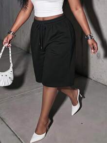Slaydiva Plus Size Women's Baggy Sweat Shorts, Elastic Waist Drawstring Wide Leg Capri Pants, - Black - View 1