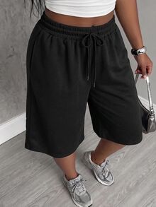 Slaydiva Plus Size Women's Baggy Sweat Shorts, Elastic Waist Drawstring Wide Leg Capri Pants, - Black - View 10