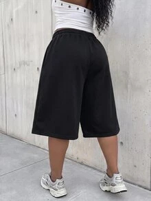 Slaydiva Plus Size Women's Baggy Sweat Shorts, Elastic Waist Drawstring Wide Leg Capri Pants, - Black - View 4