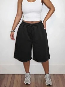 Slaydiva Plus Size Women's Baggy Sweat Shorts, Elastic Waist Drawstring Wide Leg Capri Pants, - Black - View 7