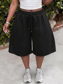 Slaydiva Plus Size Women's Baggy Sweat Shorts, Elastic Waist Drawstring Wide Leg Capri Pants, - Black - View 9