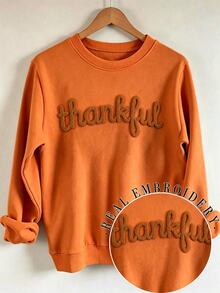 EMERY ROSE Autumn Thanksgiving Embroidery Drop Shoulder Casual Sweatshirt, Thanksgiving Embroidery Sportwear - Apricot - View 1