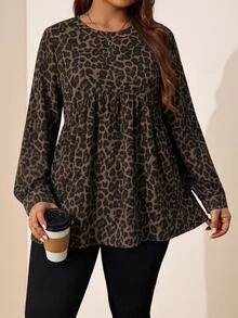 Comfylo Vintage Leopard Print Casual Minimalist Plus Size Loose Long Sleeve Shirt, Suitable For Spring And Autumn Fall - Multicolor - View 3