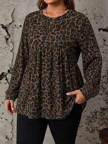 Comfylo Vintage Leopard Print Casual Minimalist Plus Size Loose Long Sleeve Shirt, Suitable For Spring And Autumn Fall - Multicolor - View 6
