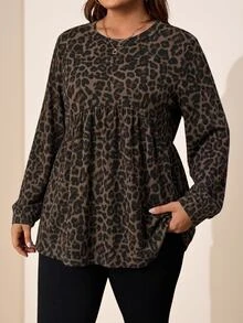 Comfylo Vintage Leopard Print Casual Minimalist Plus Size Loose Long Sleeve Shirt, Suitable For Spring And Autumn Fall - Multicolor - View 4