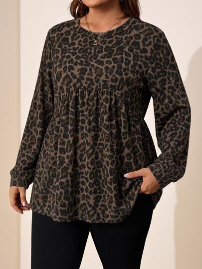 SHEIN LUNE Vintage Leopard Print Casual Minimalist Plus Size Loose Long Sleeve Shirt, Suitable For Spring And Autumn Fall