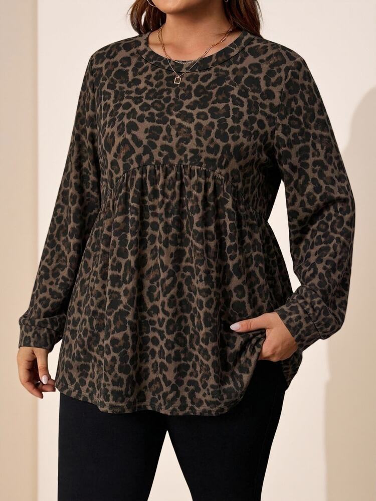 SHEIN LUNE Vintage Leopard Print Casual Minimalist Plus Size Loose Long Sleeve Shirt, Suitable For Spring And Autumn Fall - Multicolor - View 4