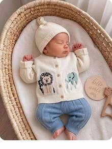 SHEIN Newborn Baby Boy Cute Animal Jacquard Lion Elephant Soft Elastic Thick Brushed Open Front Long Sleeve Top And Textured Jacquard Elastic Thick Pants Suitable For Winter - Blue and White - View 6