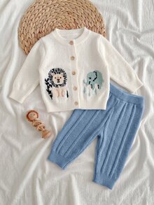 SHEIN Newborn Baby Boy Cute Animal Jacquard Lion Elephant Soft Elastic Thick Brushed Open Front Long Sleeve Top And Textured Jacquard Elastic Thick Pants Suitable For Winter - Blue and White - View 5