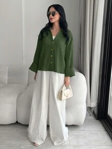 Solavon Women's Casual Vacation & Commute Loose Textured Fabric Batwing Sleeve Blouse, Solid Color, Spring/Autumn - Army Green - View 7