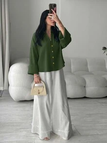 Solavon Women's Casual Vacation & Commute Loose Textured Fabric Batwing Sleeve Blouse, Solid Color, Spring/Autumn - Army Green - View 4