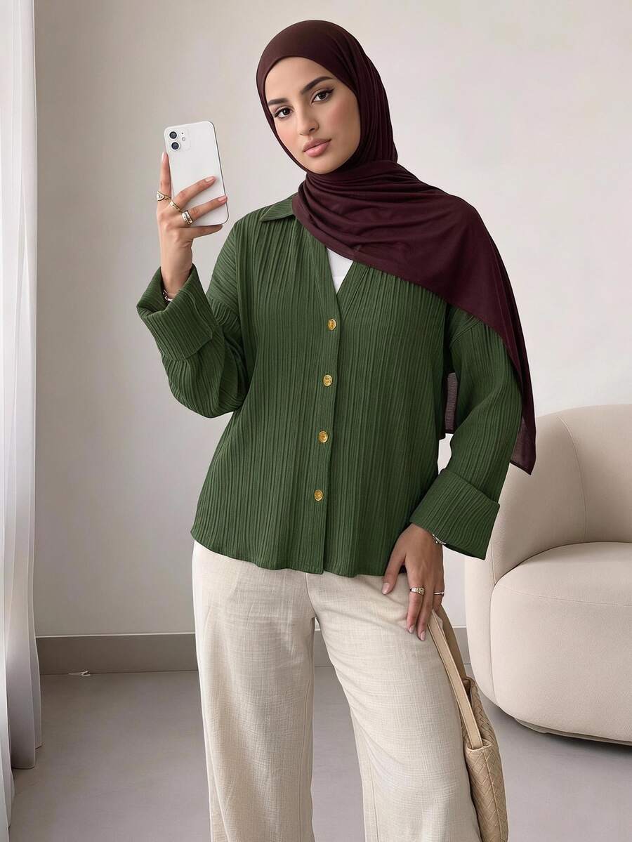 Solavon Women's Casual Vacation & Commute Loose Textured Fabric Batwing Sleeve Blouse, Solid Color, Spring/Autumn - Army Green - View 1