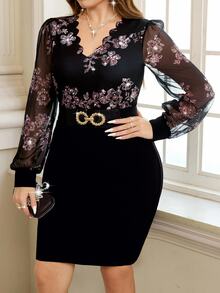 Reflora Elegant Printed Plus Size Dress, Simple Fashion Daily Casual,Spring Clothes Fall - Black - View 4