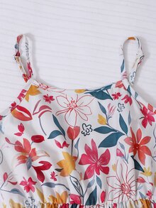 SHEIN Tween Girls Summer Cute Knitted Ribbed Bow Decor Cardigan Top Printed Spaghetti Strap Simple Dress Vacation Outfit Holiday Light Yellow White Floral - Multicolor - View 5