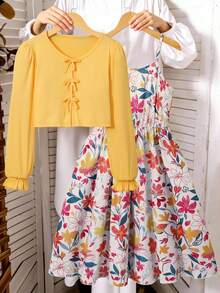 SHEIN Tween Girls Summer Cute Knitted Ribbed Bow Decor Cardigan Top Printed Spaghetti Strap Simple Dress Vacation Outfit Holiday Light Yellow White Floral - Multicolor - View 3