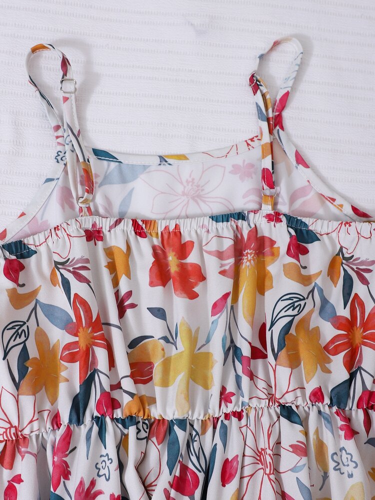 SHEIN Tween Girls Summer Cute Knitted Ribbed Bow Decor Cardigan Top Printed Spaghetti Strap Simple Dress Vacation Outfit Holiday Light Yellow White Floral - Multicolor - View 6