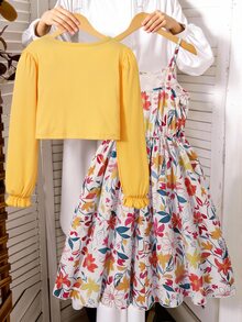 SHEIN Tween Girls Summer Cute Knitted Ribbed Bow Decor Cardigan Top Printed Spaghetti Strap Simple Dress Vacation Outfit Holiday Light Yellow White Floral - Multicolor - View 2