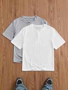 ESTAVOR Men's Summer Casual Slim Fit Short Sleeve T-Shirt, Multiple Colors White Grey Plain Henley Button - Multicolor - View 2
