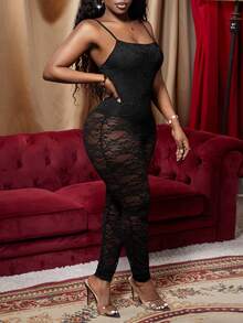Slaydiva New Spring/Summer Fashion All-Match Versatile Casual Vacation Cruise Travel Beach Sunbathing Sexy Party Ladies Lace Jumpsuit - Black - View 5