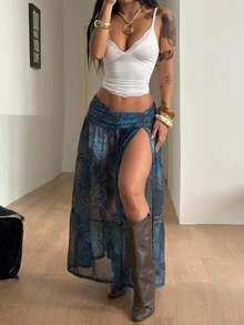 Coolane 秋季女款街頭風休閒復古Y2K優雅甜美圖案海軍藍網紗開衩裙，度假海灘女裝 - 藍色 - 查看 4