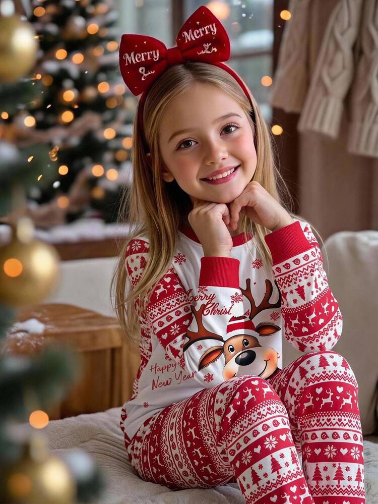 SHEIN Tween Girls Tween Girl Autumn/Winter Christmas Cute Fashion Versatile Party Long Sleeve Pants Set, Daily Home Wear, Slim Fit - Red - View 13