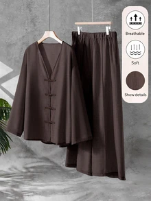 SHEIN LUNE CURVE 大尺碼青蛙鈕扣長袖襯衫與休閒長褲兩件套 - 咖啡棕 - 查看 3