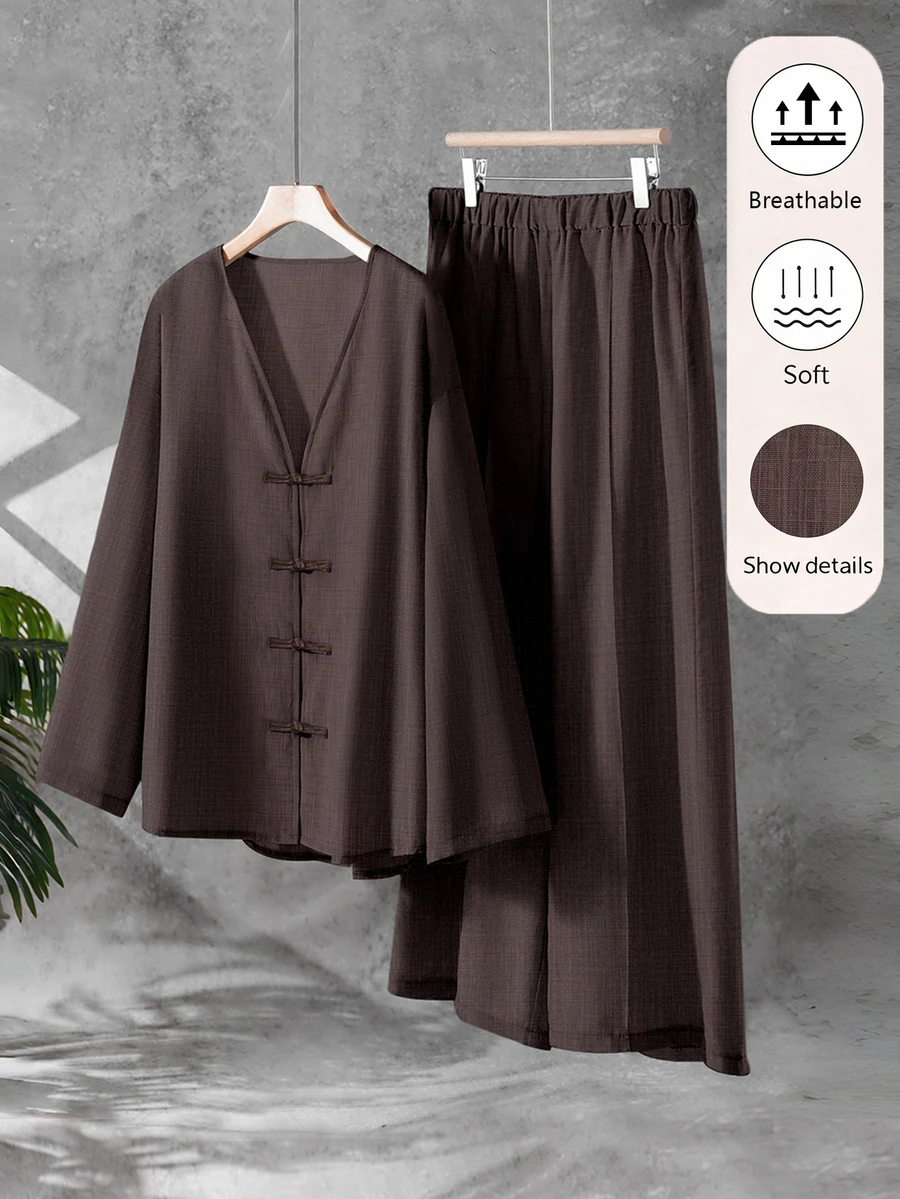 SHEIN LUNE CURVE Plus Size Frog Button Long Sleeve Shirt And Casual Pants 2 Pieces Set - Coffee Brown - View 1
