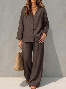 SHEIN LUNE CURVE 大尺碼青蛙鈕扣長袖襯衫與休閒長褲兩件套 - 咖啡棕 - 查看 4