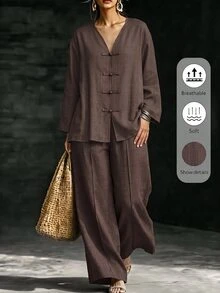 SHEIN LUNE CURVE 大尺碼青蛙鈕扣長袖襯衫與休閒長褲兩件套 - 咖啡棕 - 查看 1
