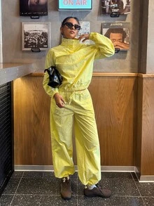 Muchica Women's Bright Yellow Windbreaker Two Piece Set, Lightweight High Neck Pullover Jacket With Pocket And Drawstring Wide Leg Pants Y2K Casual Sportswear - Yellow - View 4