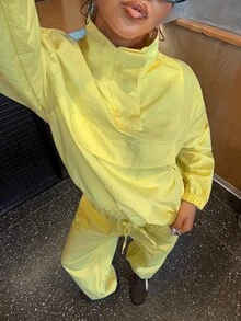 Muchica Women's Bright Yellow Windbreaker Two Piece Set, Lightweight High Neck Pullover Jacket With Pocket And Drawstring Wide Leg Pants Y2K Casual Sportswear - Yellow - View 1