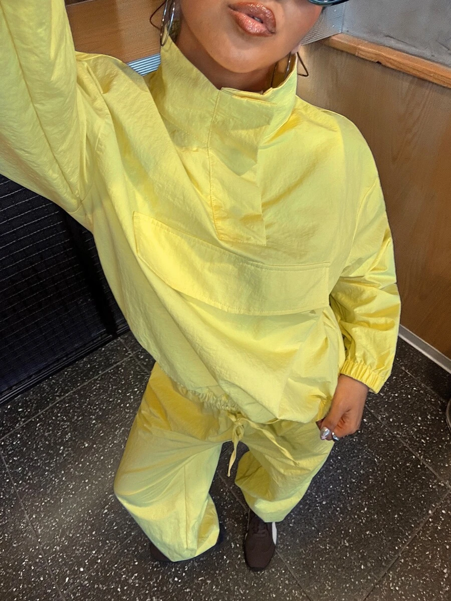 Muchica Women's Bright Yellow Windbreaker Two Piece Set, Lightweight High Neck Pullover Jacket With Pocket And Drawstring Wide Leg Pants Y2K Casual Sportswear - Yellow - View 1
