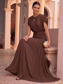 Anewsta Summer Solid Color Elastic Mesh Soft Delicate Round Neck Ruched Design Women's Long Dress Coffee Brown Dinner Party Mature Elegant Romantic - Brown - View 8