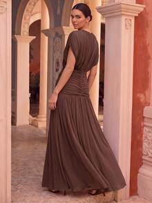 Anewsta Summer Solid Color Elastic Mesh Soft Delicate Round Neck Ruched Design Women's Long Dress Coffee Brown Dinner Party Mature Elegant Romantic - Brown - View 3