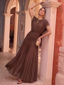 Anewsta Summer Solid Color Elastic Mesh Soft Delicate Round Neck Ruched Design Women's Long Dress Coffee Brown Dinner Party Mature Elegant Romantic - Brown - View 5