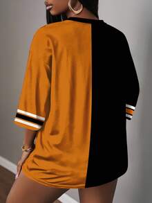 Slaydiva Casual Minimalist Letter & Number Print T-Shirt For Women, Black & Orange Color Contrast, Suitable For Summer & Sports Events Autumn - Multicolor - View 2