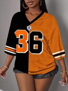 Slaydiva Casual Minimalist Letter & Number Print T-Shirt For Women, Black & Orange Color Contrast, Suitable For Summer & Sports Events Autumn - Multicolor - View 6