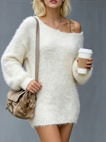 SHEIN Women's European And American Style Asymmetrical Shoulder Loose Fit Long Sleeve Casual Knit Sweater Top - Apricot - View 6